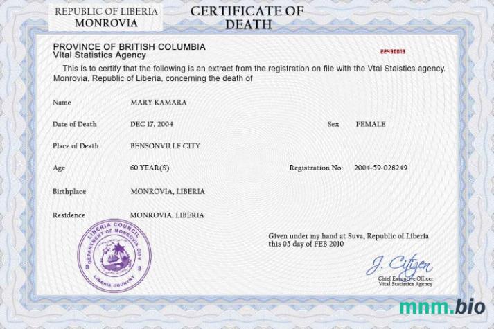 Liberia śmierć certyfikat PSD szablon